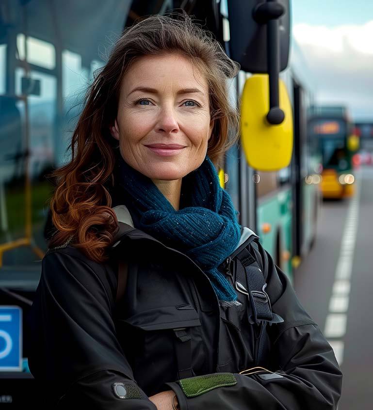 A smiling woman in a teal scarf standing beside a bus